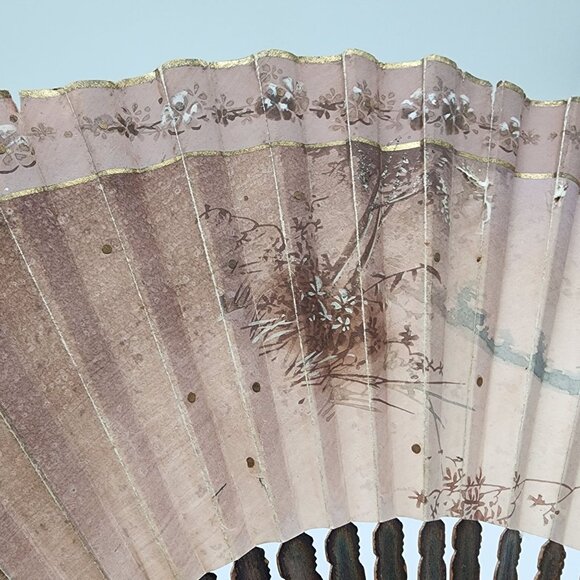 Antique Hand Painted Folding Hand Fan Elegant Ladies Design Wooden Ribs Wall Art - Picture 3 of 11